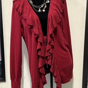 Van Heusen Ruffle-Trim Open Cardigan in Wine Red
